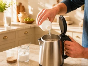 Pouring descaling solution into a limescale-covered stainless steel kettle in a sunlit kitchen.
