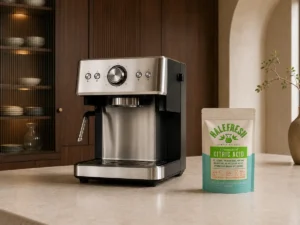 Stainless espresso machine beside a sealed Halefresh citric acid pouch in a modern walnut kitchen