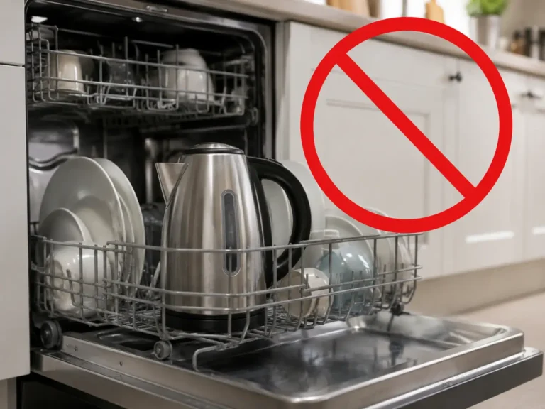 Stainless steel electric kettle sitting in an open dishwasher rack beneath a large red prohibition symbol.