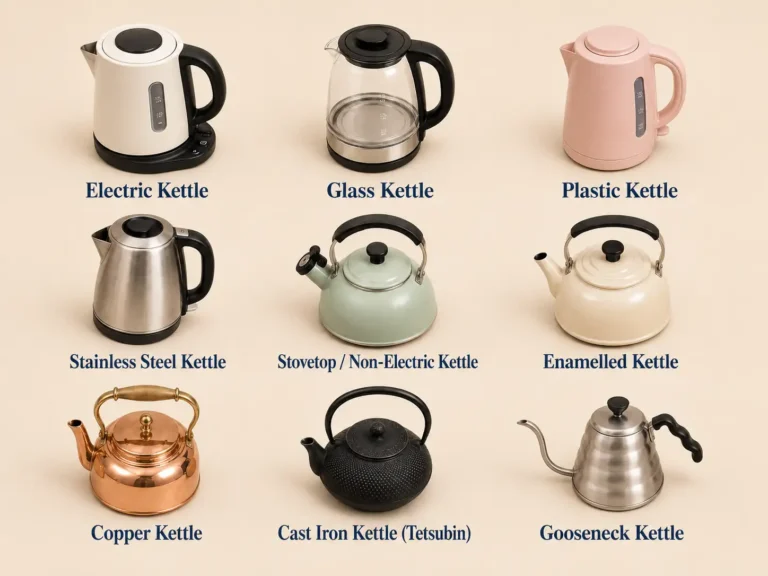 Grid layout showing different kettle types labelled Electric Kettle, Glass Kettle, Plastic Kettle, Stainless Steel Kettle, Stovetop / Non-Electric Kettle, Enamelled Kettle, Copper Kettle, Cast Iron Kettle and Gooseneck Kettle.