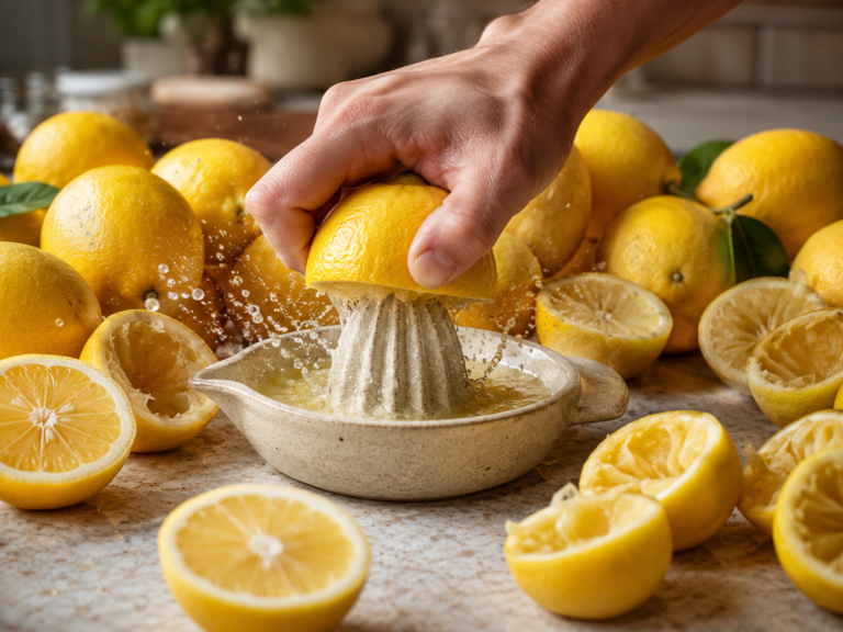 Hand squeezing half a lemon on a ceramic juicer surrounded by whole and squeezed lemons, showing how many lemons it takes to descale a kettle.