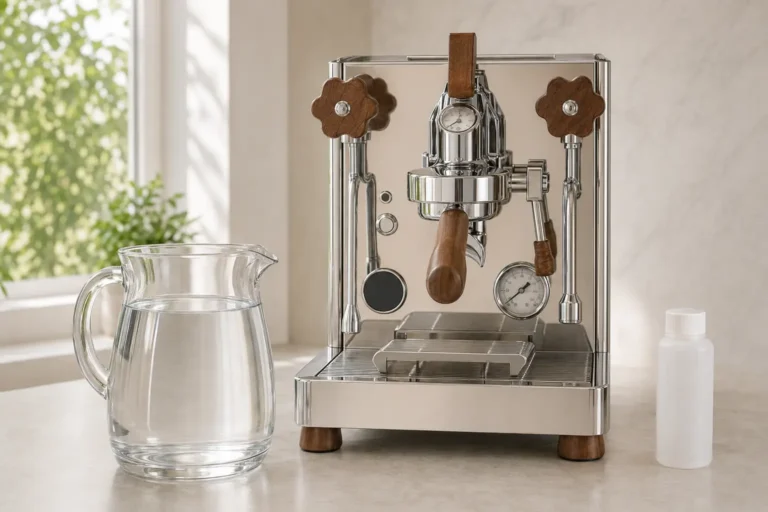 Chrome prosumer espresso machine with wooden controls beside a glass jug of filtered water and a closed descaler bottle set aside
