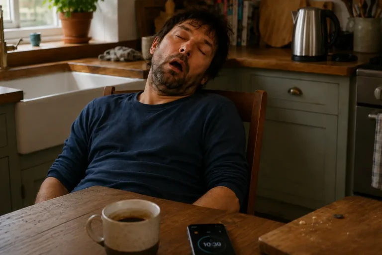 Man asleep at a kitchen table while the descaling solution soaks in the kettle, with a timer running on his phone.