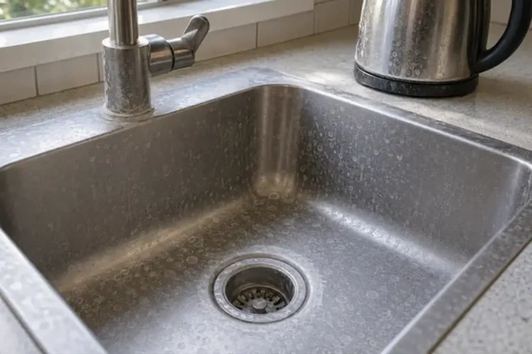 Stainless steel sink and kettle covered in white water spots and limescale haze in a bright kitchen.