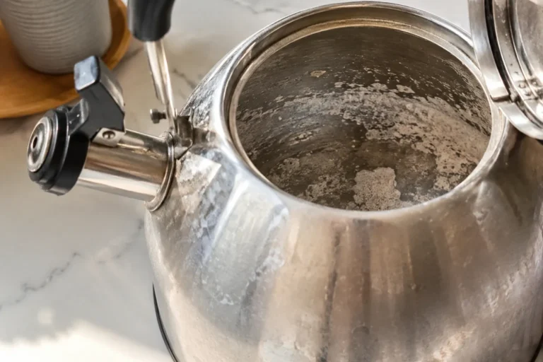 Open stainless steel tea kettle showing heavy limescale buildup coating the inside.
