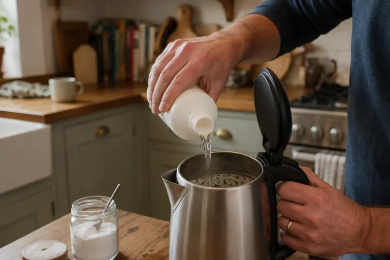 Person pouring descaling solution into an open stainless steel kettle beside a jar of citric acid powder.