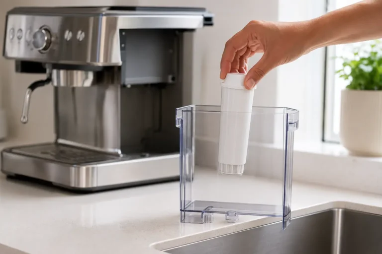 Hand removing the water filter from an empty espresso machine water tank before descaling