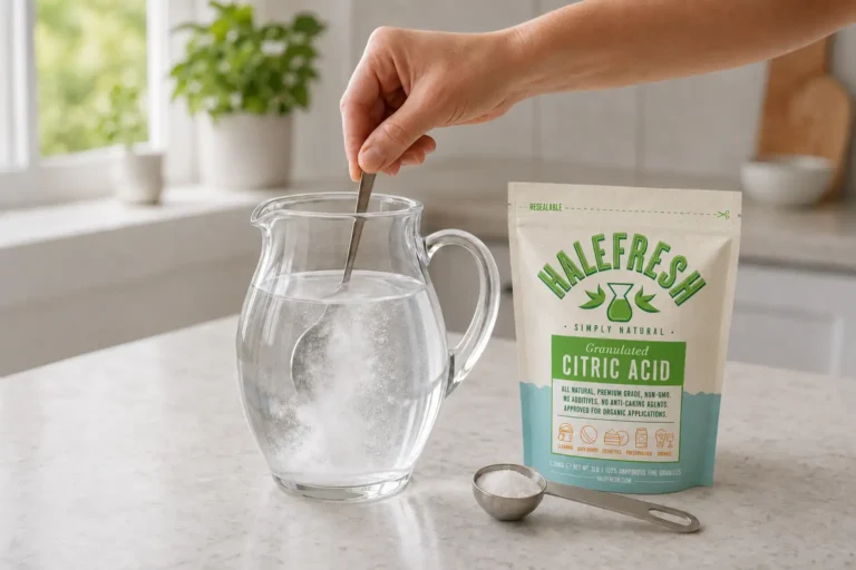 Hand stirring citric acid powder into a glass jug of warm water beside a Halefresh citric acid pouch.