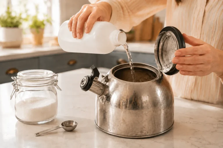 Person pouring descaling solution into an open stainless steel tea kettle beside a jar of citric acid and measuring spoon.
