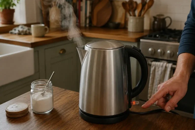 Steam rising from a stainless steel kettle as a person switches it off beside a jar of citric acid powder.