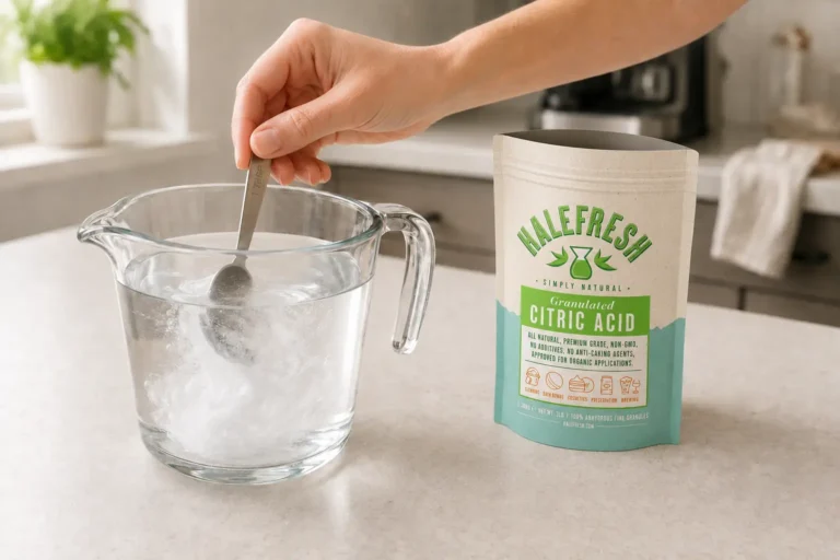 Hand stirring citric acid into a glass jug of warm water beside a Halefresh citric acid pouch