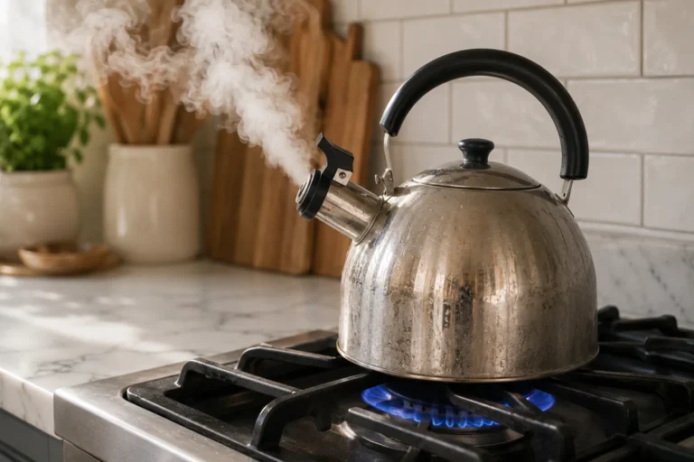 Stainless steel tea kettle boiling on a gas stove with steam rising from the spout.