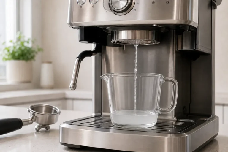 Descaling solution running through an espresso machine group head into a glass jug