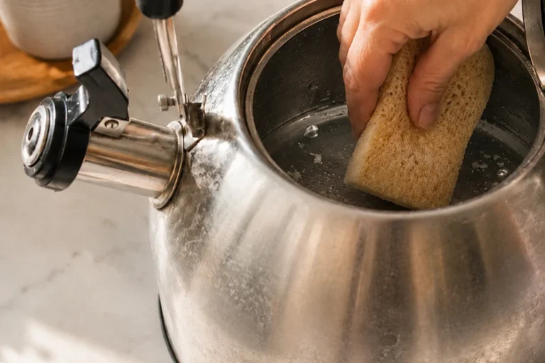 Hand scrubbing the inside of a stainless steel tea kettle with a sponge to remove loosened limescale.