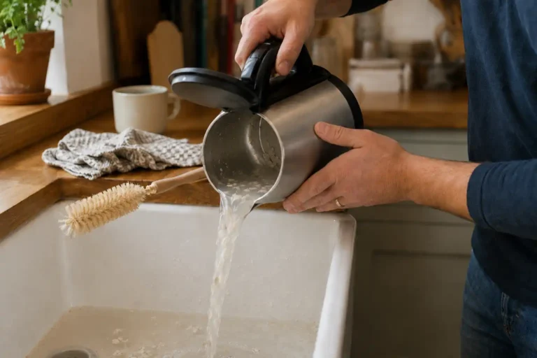 Person pouring cloudy rinse water and loosened limescale from a stainless steel kettle into a kitchen sink.
