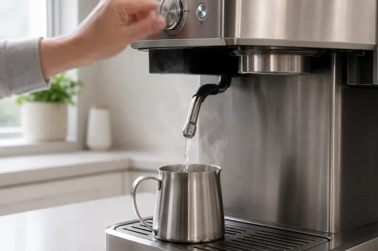 Descaling solution flushing through an espresso machine steam wand into a stainless-steel pitcher