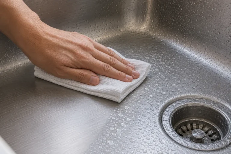 Hand wiping a stainless steel surface with a soft cloth, following the grain of the metal.
