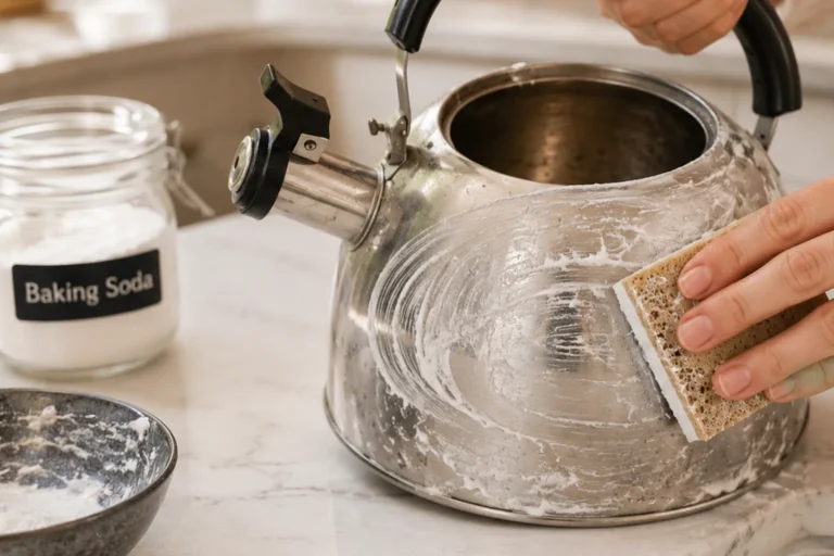 Person scrubbing the outside of a stainless steel tea kettle with baking soda paste and a sponge.