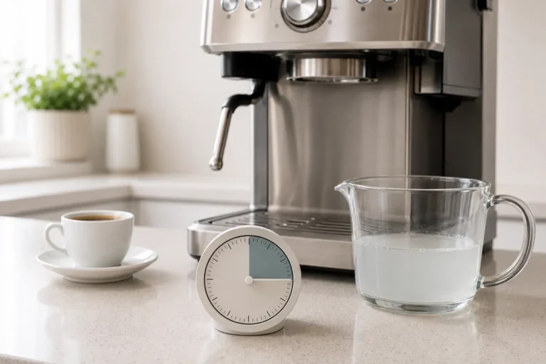 Kitchen timer set for 20 minutes beside an espresso machine soaking with descaling solution