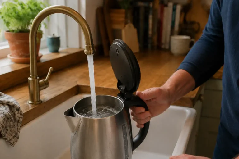 Person rinsing an open stainless steel kettle under running tap water after descaling.
