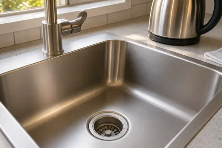 Gleaming polished stainless steel sink and counter reflecting light in a sunlit kitchen.
