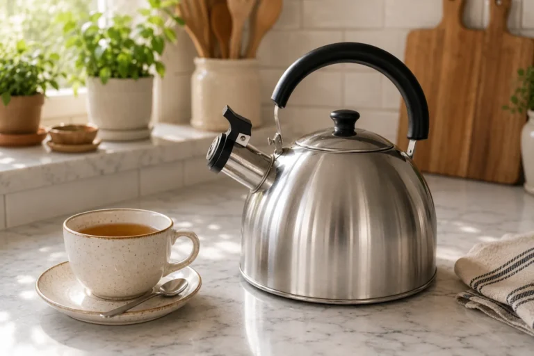 Clean polished stainless steel tea kettle beside a fresh cup of tea in a bright kitchen.