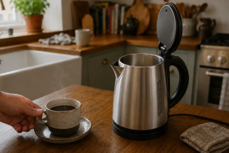 Clean open stainless steel kettle beside a fresh cup of coffee after descaling and rinsing.