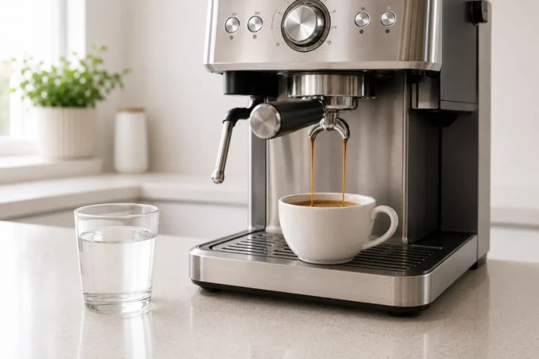 Rich espresso flowing evenly from a portafilter into a ceramic cup after descaling the machine