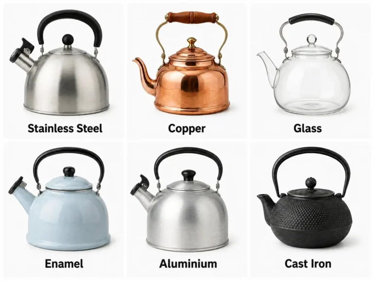 Grid of six tea kettle types labelled Stainless Steel, Copper, Glass, Enamel, Aluminium, and Cast Iron Tetsubin.