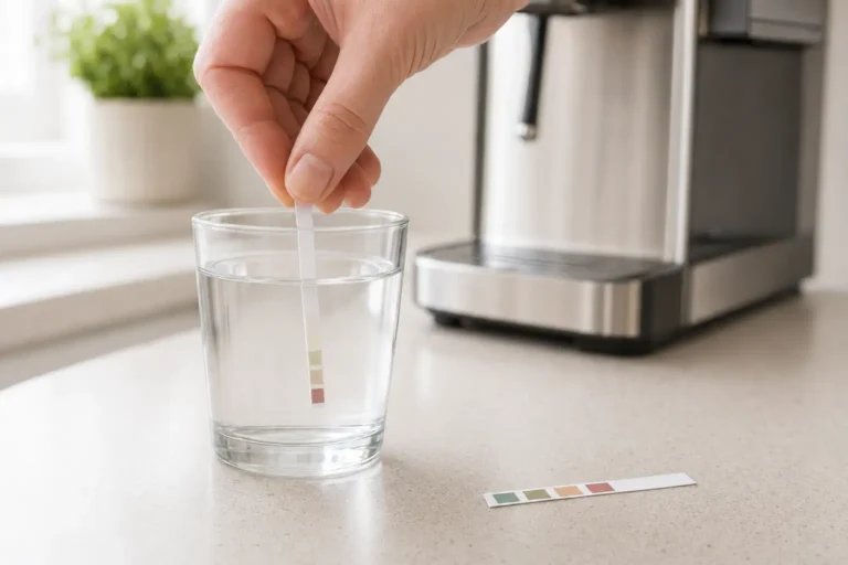 Hand dipping a water-hardness test strip into a glass of tap water beside an espresso machine