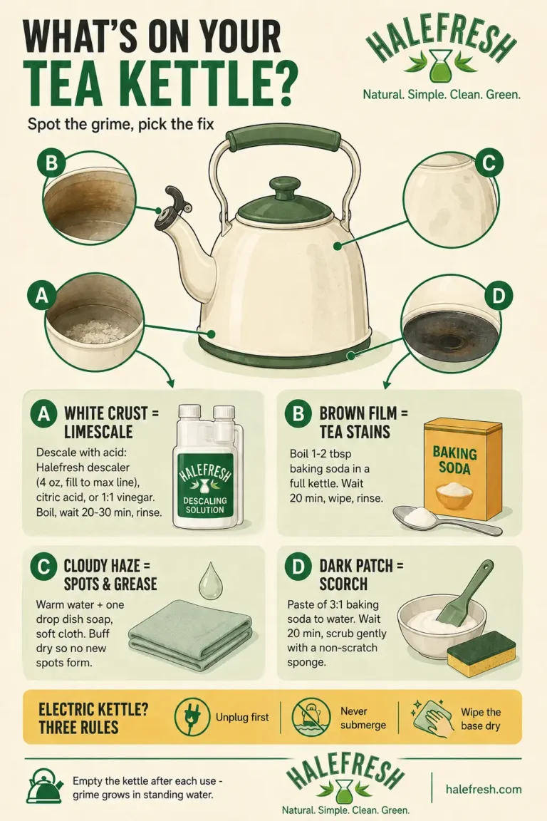 Infographic identifying limescale, tea stains, grease spots and scorch marks on a tea kettle, with the correct cleaning method for each.