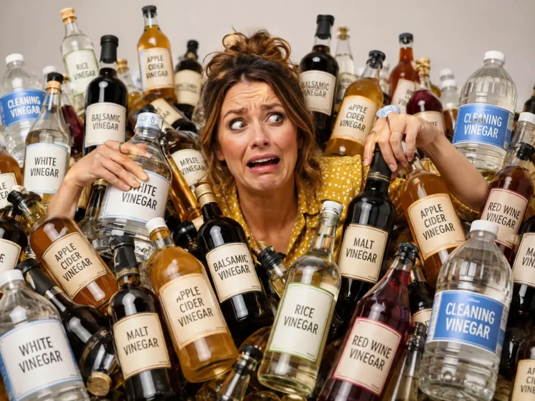Woman looking overwhelmed while surrounded by bottles of white vinegar, cleaning vinegar, apple cider vinegar, malt vinegar, rice vinegar, balsamic vinegar and red wine vinegar.